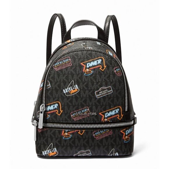 New Michael Kors Rhea Extra-Small Printed Signature Logo Backpack Black Multi main image 5